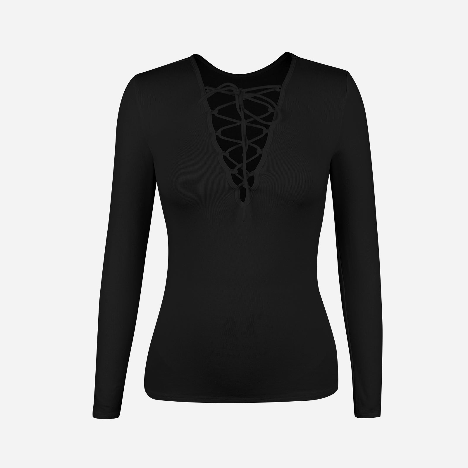 Joyshaper Chic Deep V Tie Front Ribbed Long Sleeve Slim Fit Top for Women