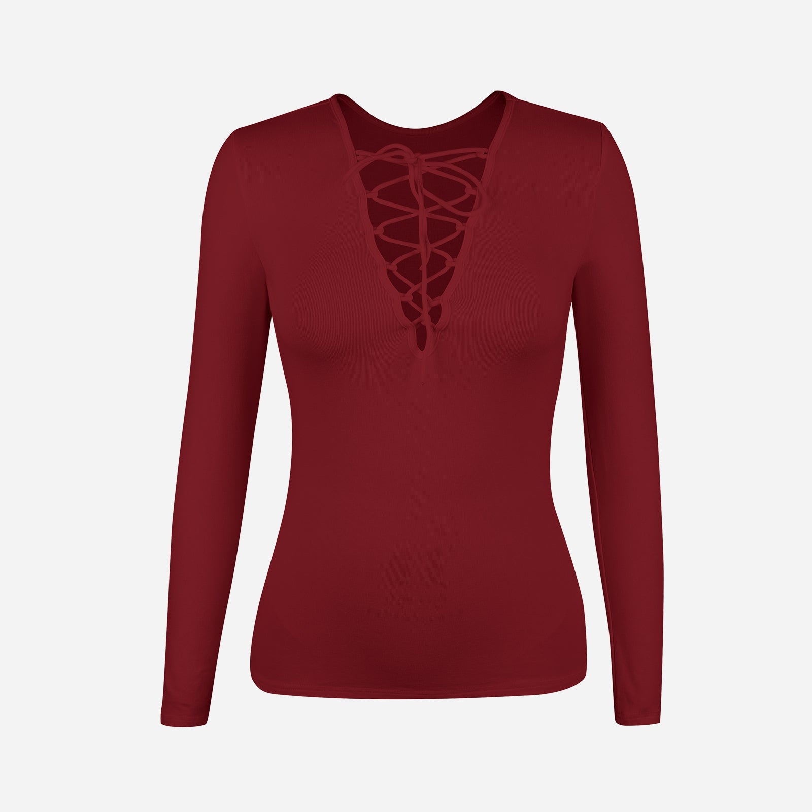 Joyshaper Chic Deep V Tie Front Ribbed Long Sleeve Slim Fit Top for Women