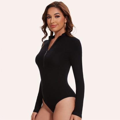 Joyshaper Zip Front Long Sleeve Turtle Neck Deep V Bodysuit Top
