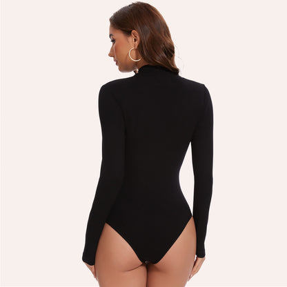 Joyshaper Zip Front Long Sleeve Turtle Neck Deep V Bodysuit Top