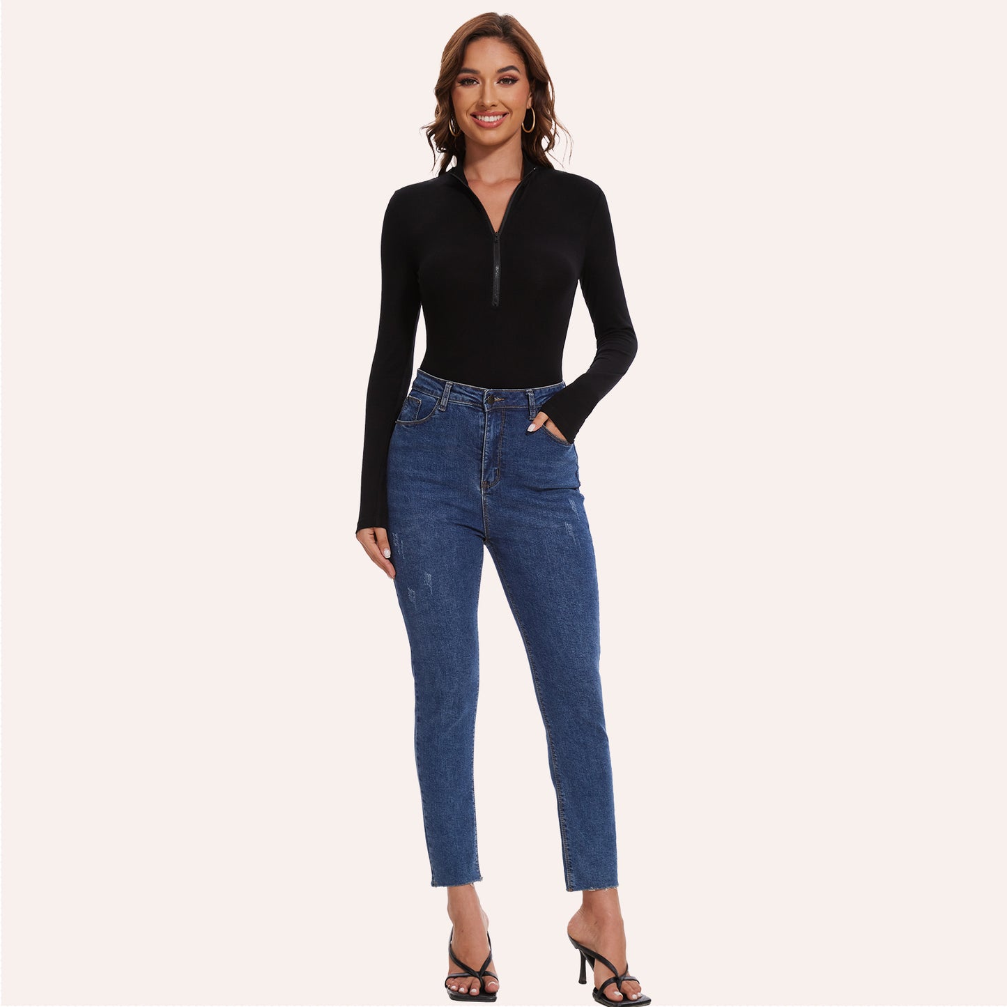 Joyshaper Zip Front Long Sleeve Turtle Neck Deep V Bodysuit Top
