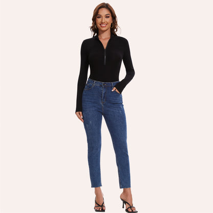 Joyshaper Zip Front Long Sleeve Turtle Neck Deep V Bodysuit Top