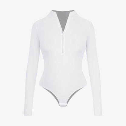 Joyshaper Zip Front Long Sleeve Turtle Neck Deep V Bodysuit Top