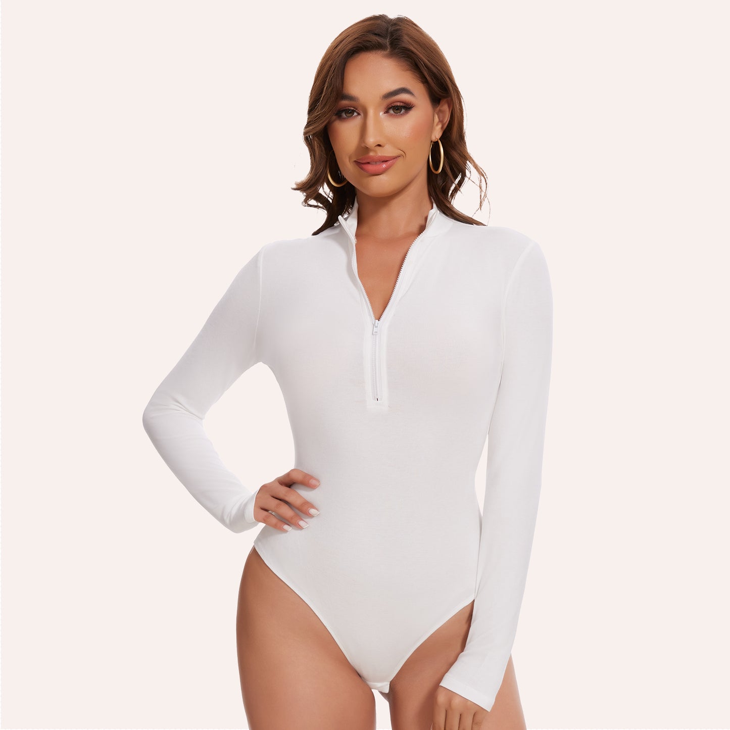 Joyshaper Zip Front Long Sleeve Turtle Neck Deep V Bodysuit Top