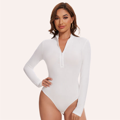 Joyshaper Zip Front Long Sleeve Turtle Neck Deep V Bodysuit Top