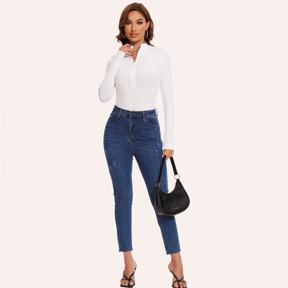 Joyshaper Zip Front Long Sleeve Turtle Neck Deep V Bodysuit Top