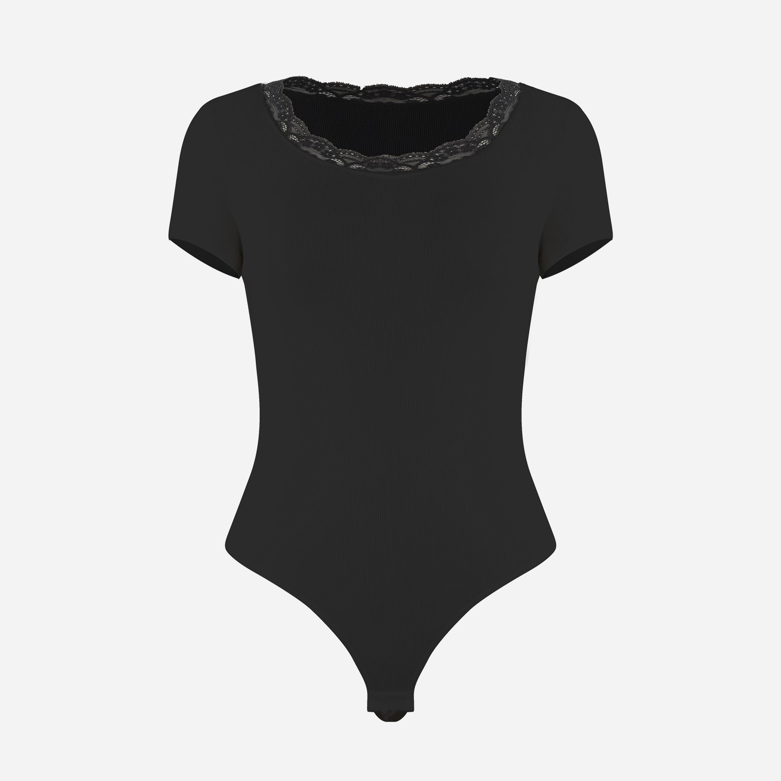 Joyshaper Lace Trim Ribbed Crew Neck Short Sleeve Bodysuit Top