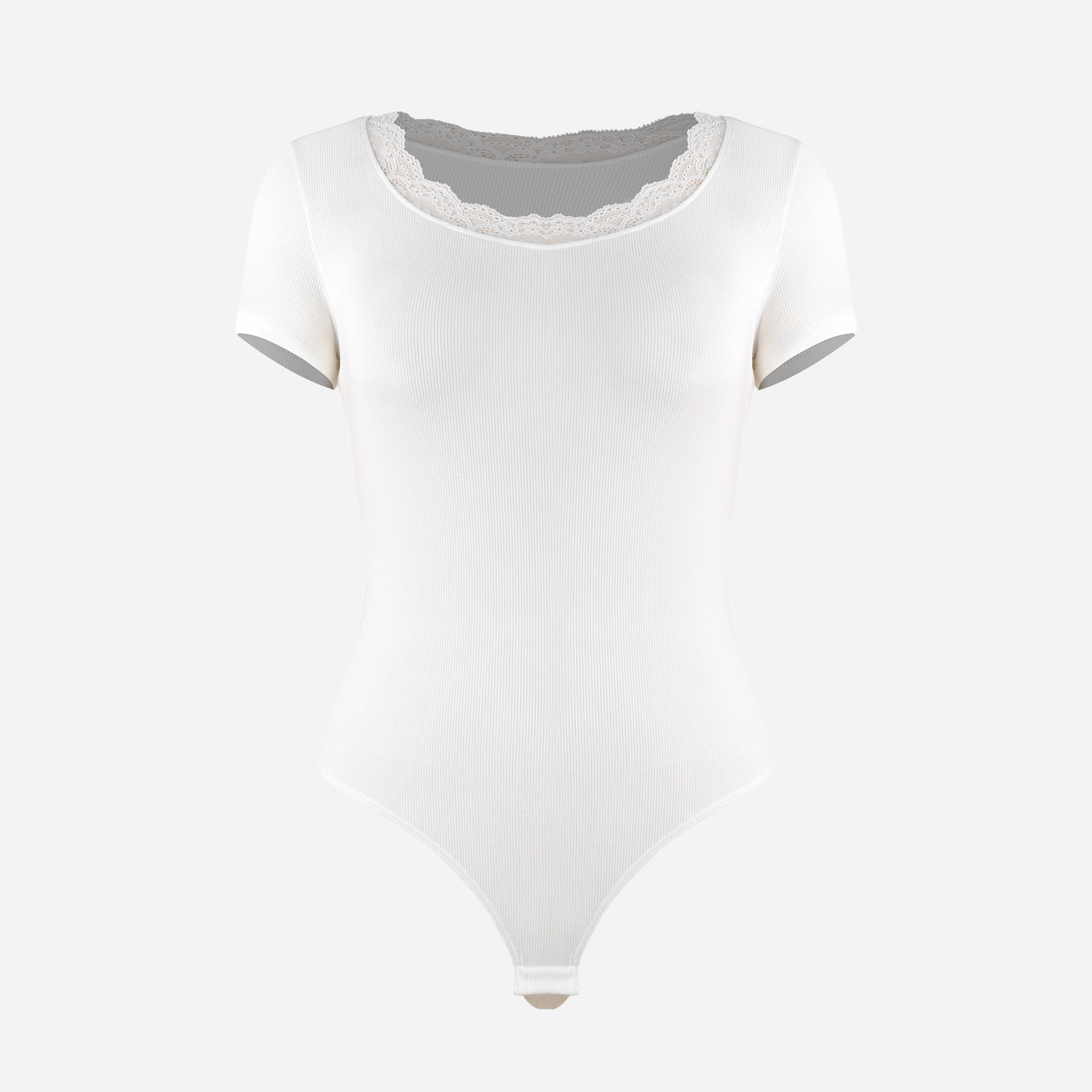 Joyshaper Lace Trim Ribbed Crew Neck Short Sleeve Bodysuit Top