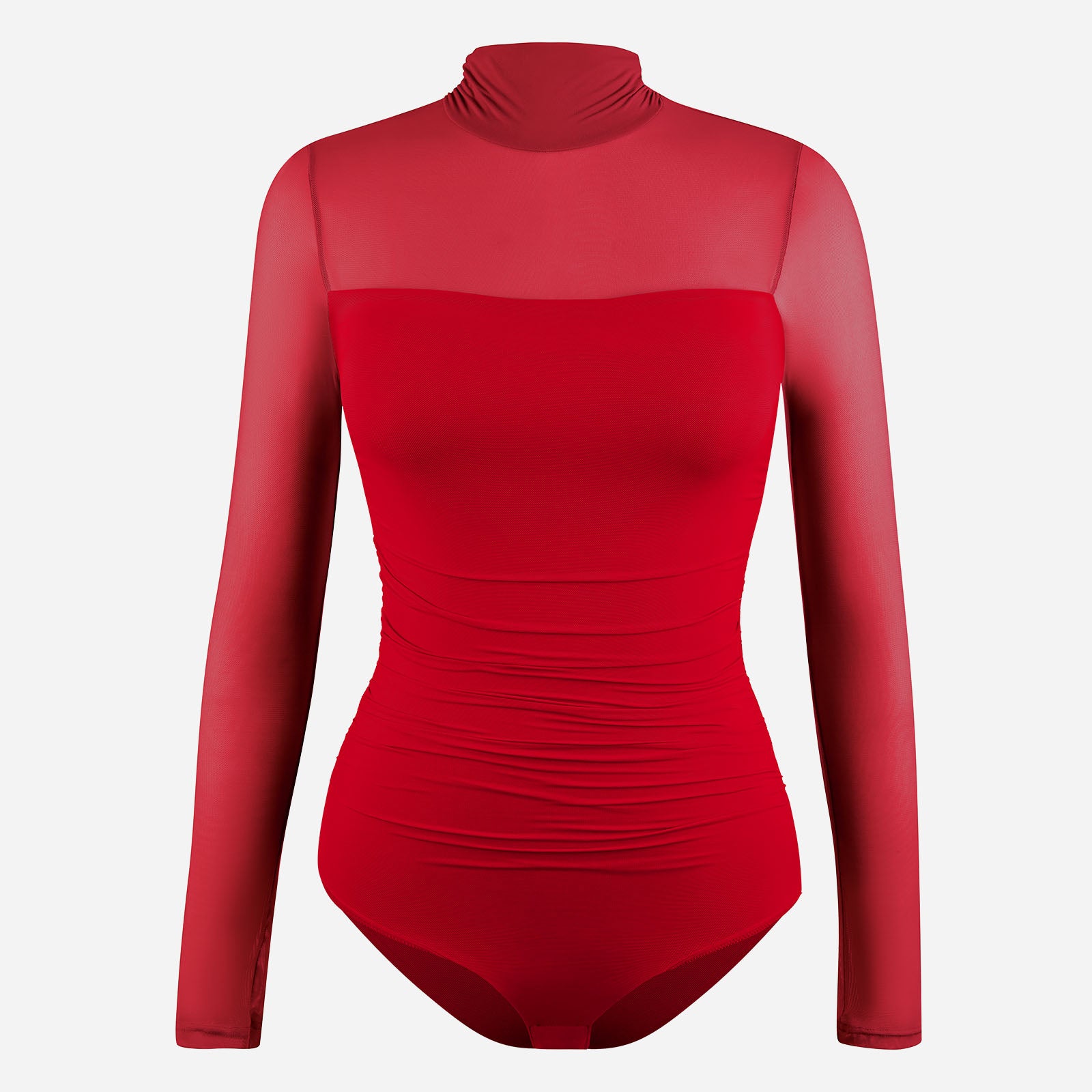 Joyshaper Slimming Mock Neck Bodysuit Top with Ruched Waist & Sheer Mesh