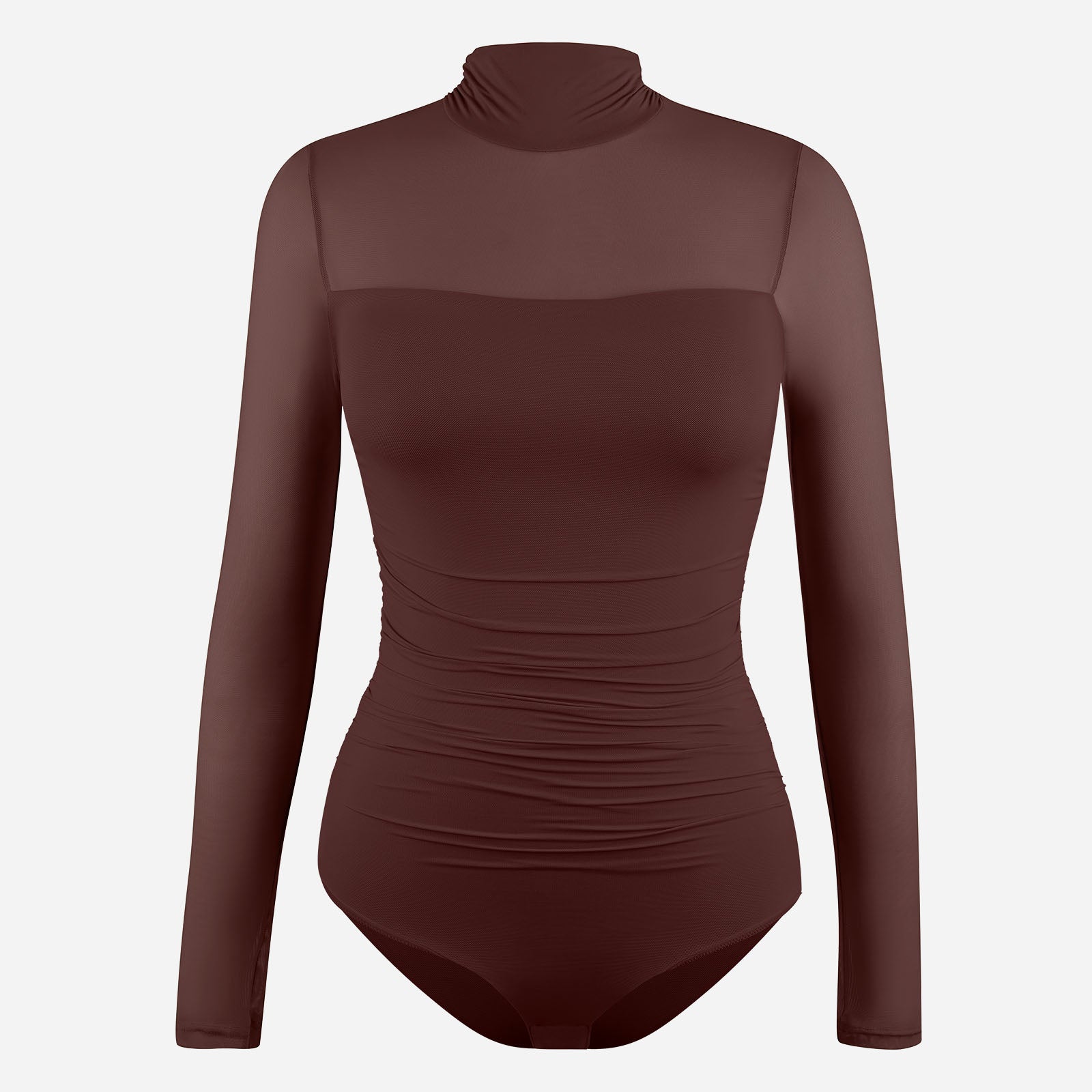 Joyshaper Slimming Mock Neck Bodysuit Top with Ruched Waist & Sheer Mesh