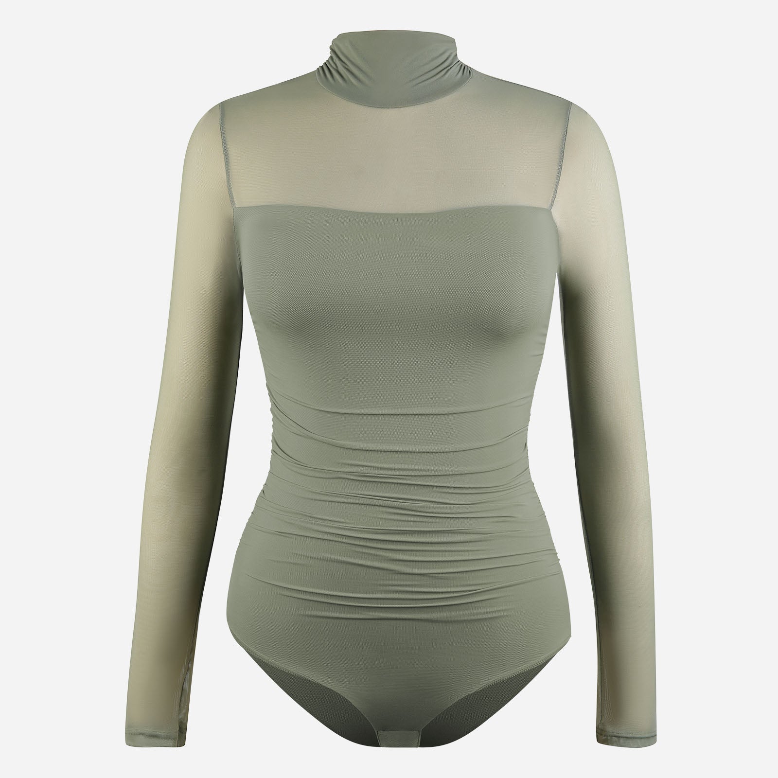 Joyshaper Slimming Mock Neck Bodysuit Top with Ruched Waist & Sheer Mesh