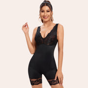 Joyshaper V-Neck Lace Mid-Thigh Shapewear Bodysuit