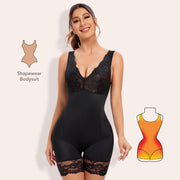 Joyshaper V-Neck Lace Mid-Thigh Shapewear Bodysuit