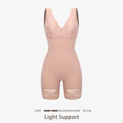 Joyshaper V-Neck Lace Mid-Thigh Shapewear Bodysuit beige