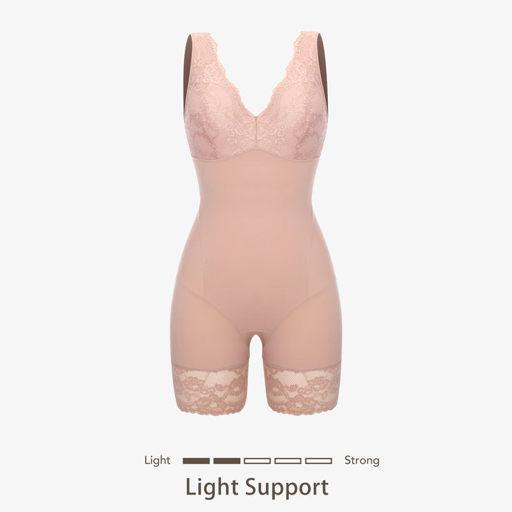 Joyshaper V-Neck Lace Mid-Thigh Shapewear Bodysuit beige