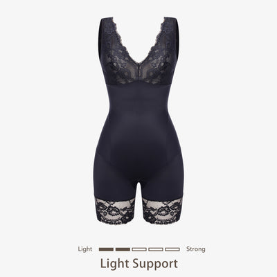 Joyshaper V-Neck Lace Mid-Thigh Shapewear Bodysuit black
