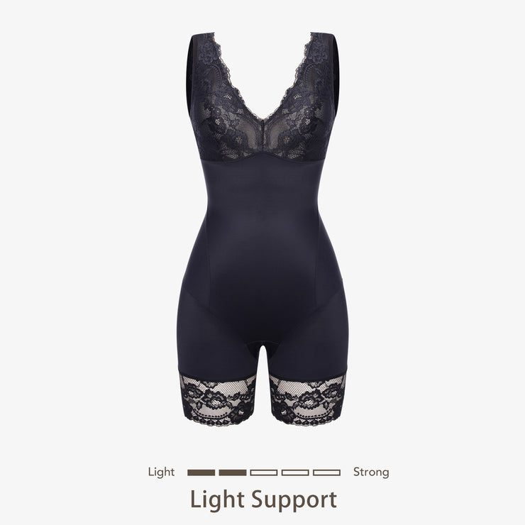 Joyshaper V-Neck Lace Mid-Thigh Shapewear Bodysuit black
