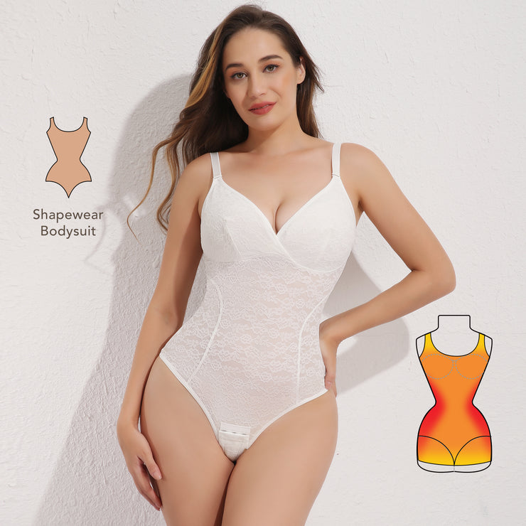 JOYSHAPER Tummy Control Lace Bodysuit for Women - Adjustable Straps, V  Neck, Backless Design, Full Body Shaper