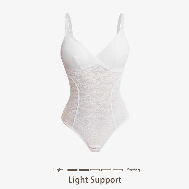 Joyshaper V-Neck Lace Thong Bodysuit white